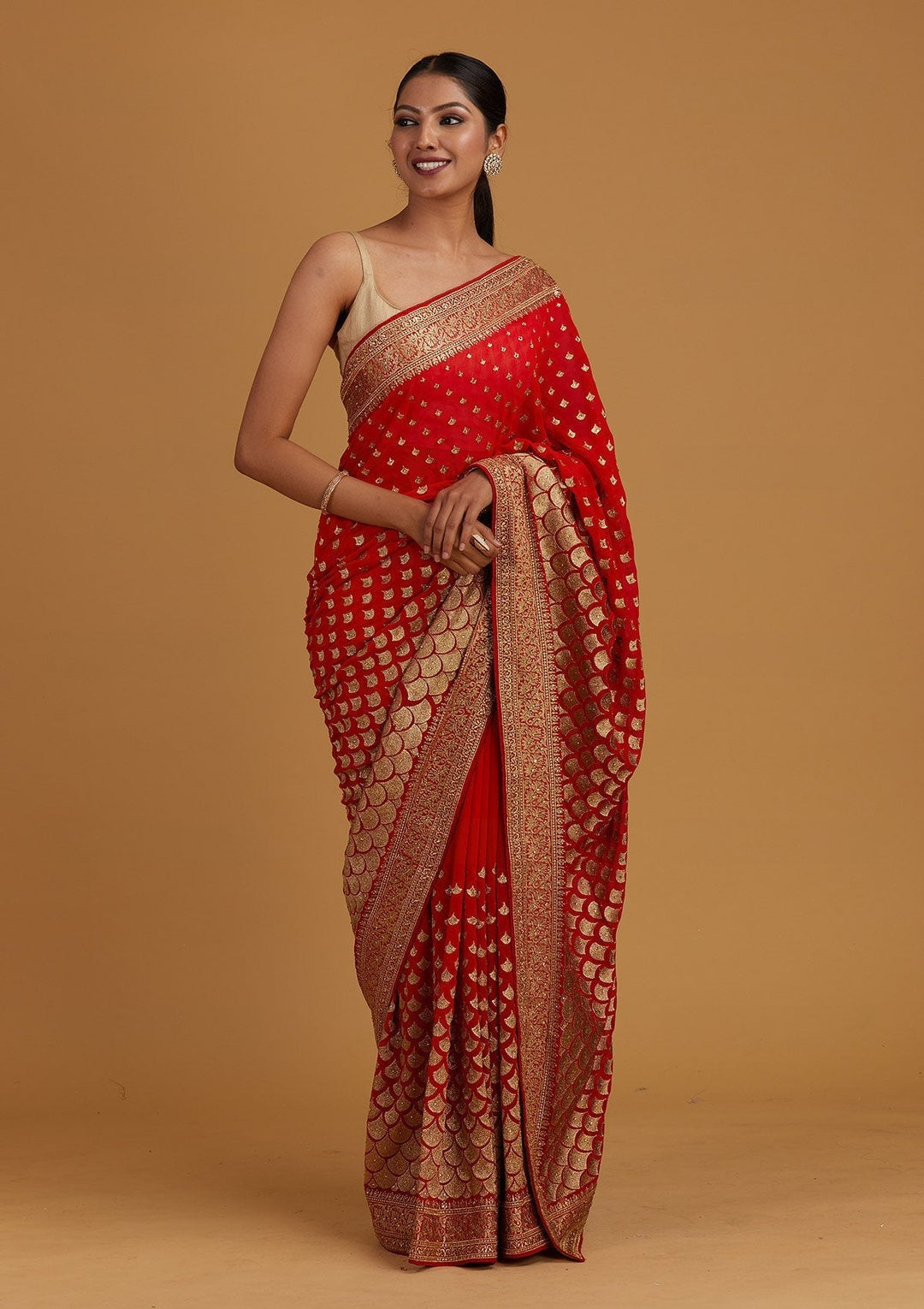 Red Zariwork Georgette Designer Saree - Koskii