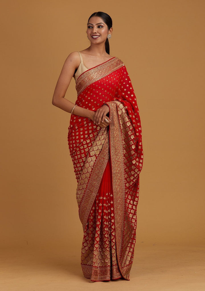 Red Zariwork Georgette Designer Saree - Koskii