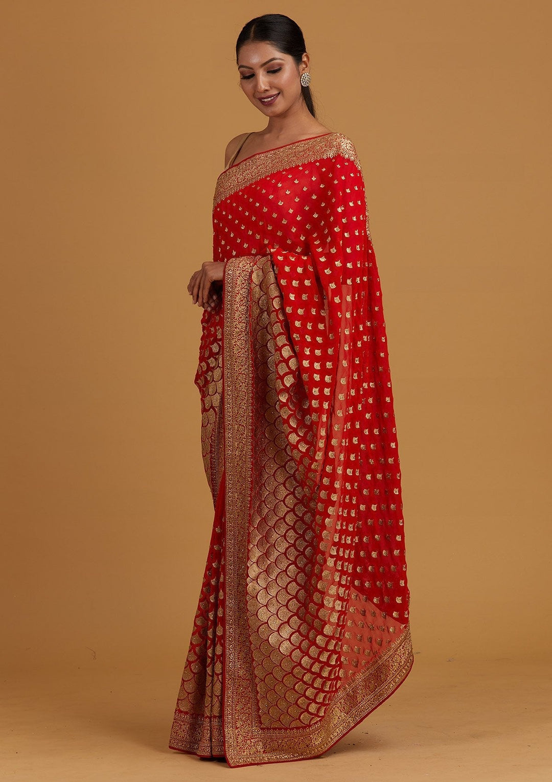 Red Zariwork Georgette Designer Saree - Koskii