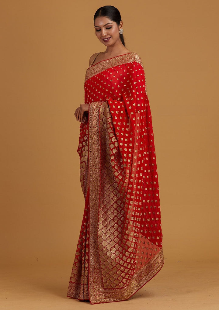 Red Zariwork Georgette Designer Saree - Koskii