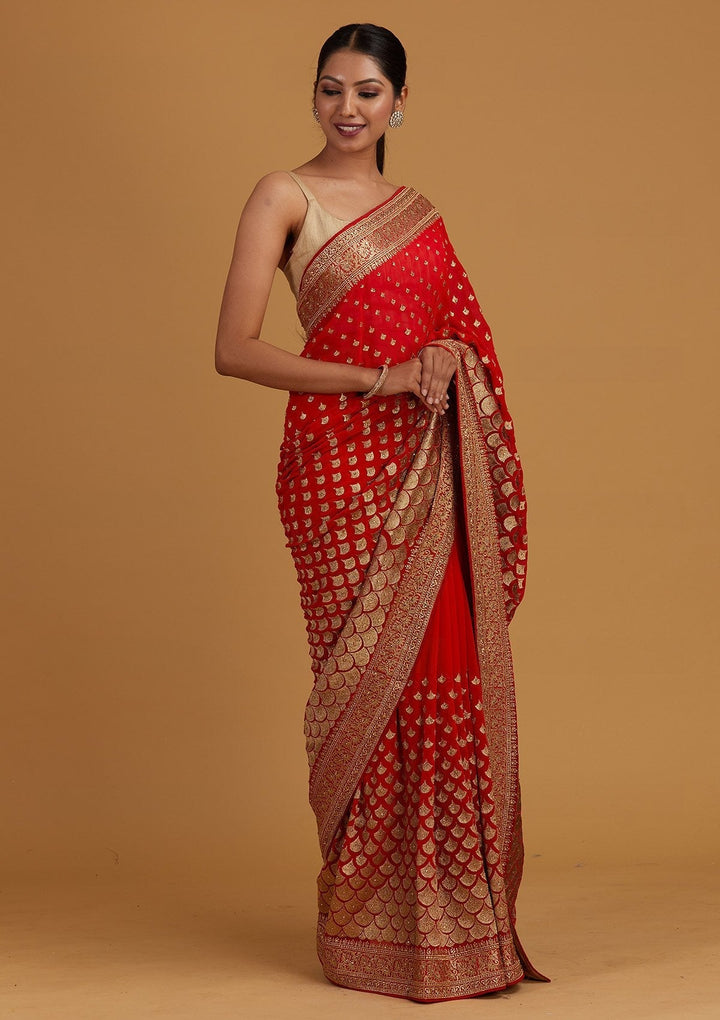 Red Zariwork Georgette Designer Saree - Koskii