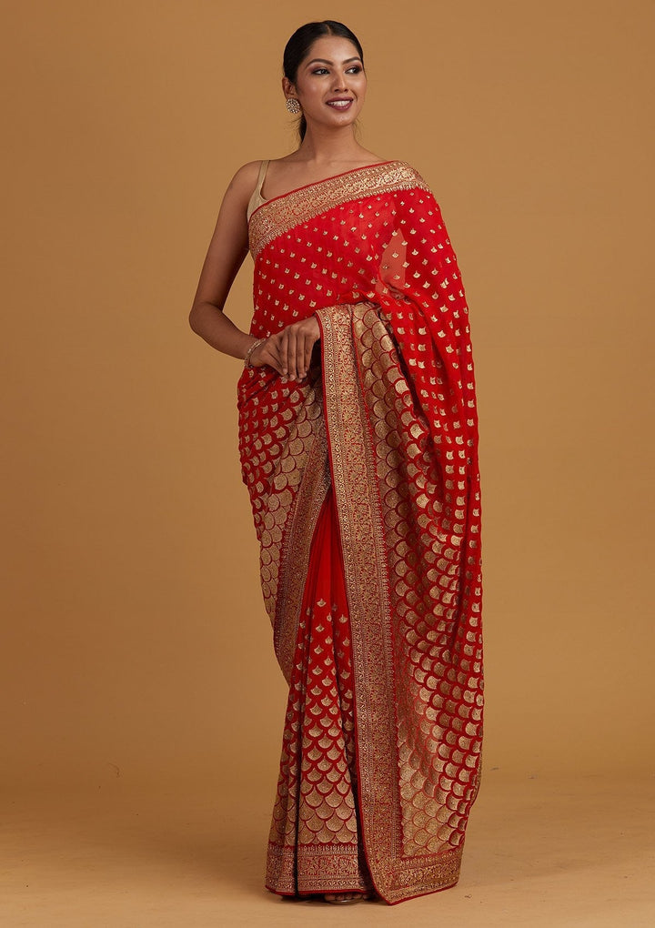 Red Zariwork Georgette Designer Saree - Koskii