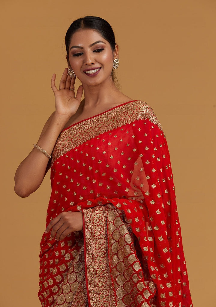 Red Zariwork Georgette Designer Saree - Koskii
