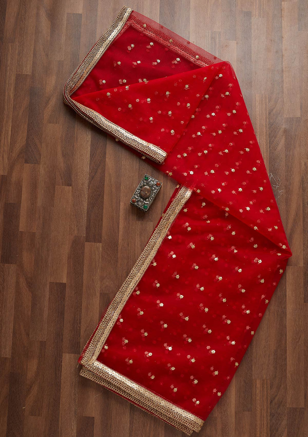 Red Zariwork Net Readymade Dupatta-Koskii
