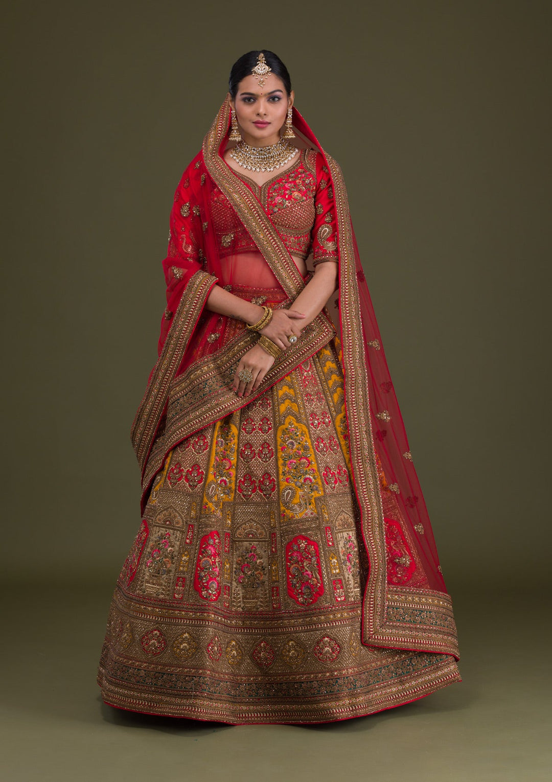 Red Zariwork Raw Silk Semi-Stitched Lehenga-Koskii