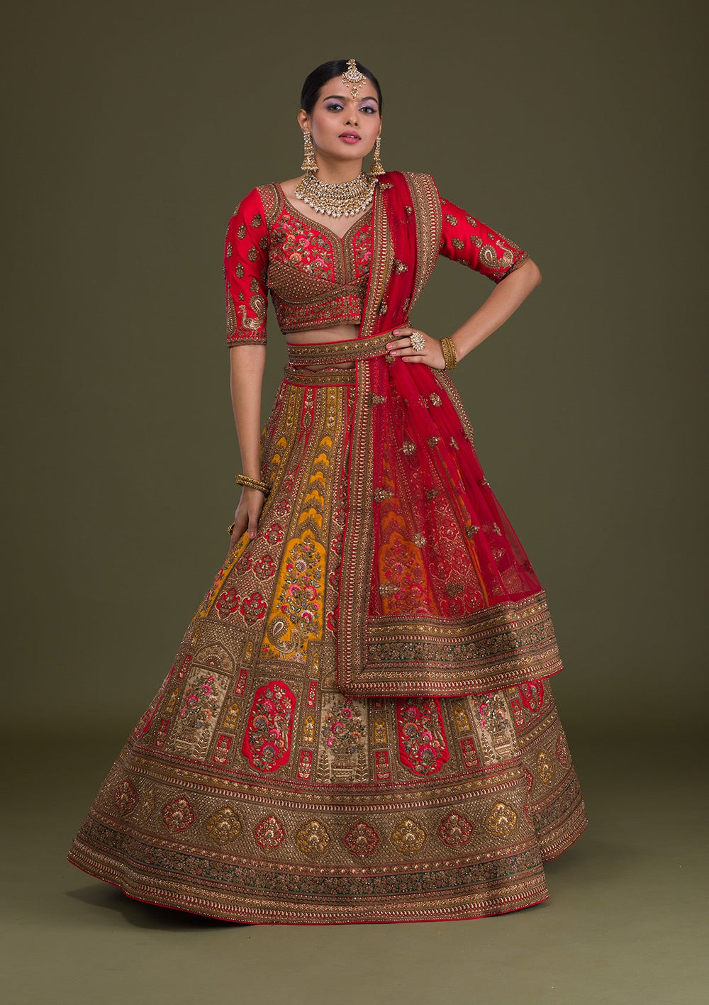 Red Zariwork Raw Silk Semi-Stitched Lehenga-Koskii