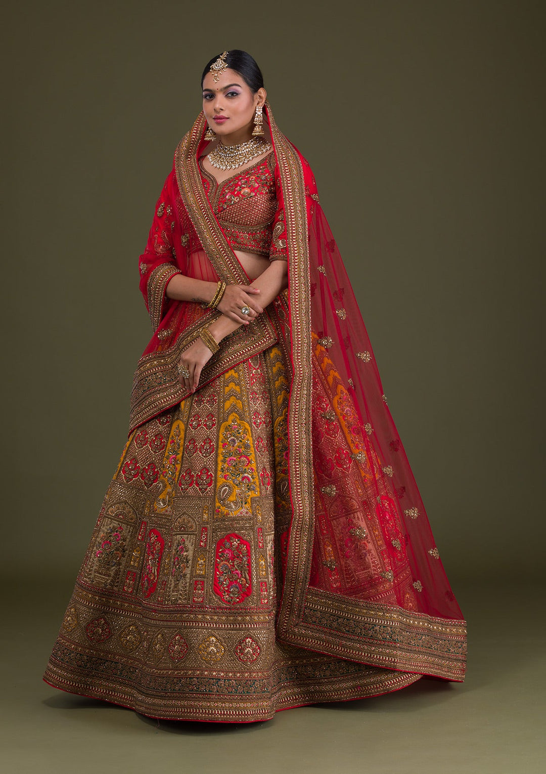 Red Zariwork Raw Silk Semi-Stitched Lehenga-Koskii