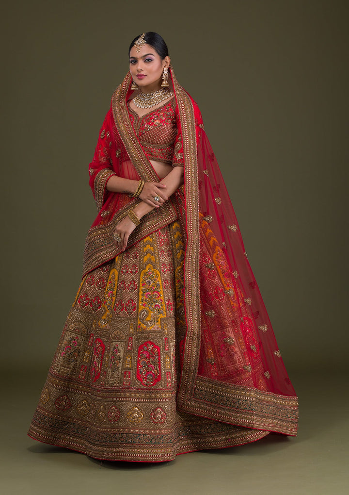 Red Zariwork Raw Silk Semi-Stitched Lehenga-Koskii