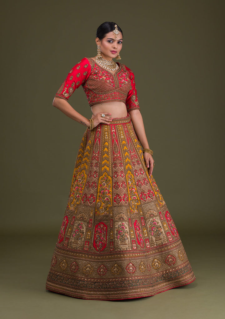 Red Zariwork Raw Silk Semi-Stitched Lehenga-Koskii