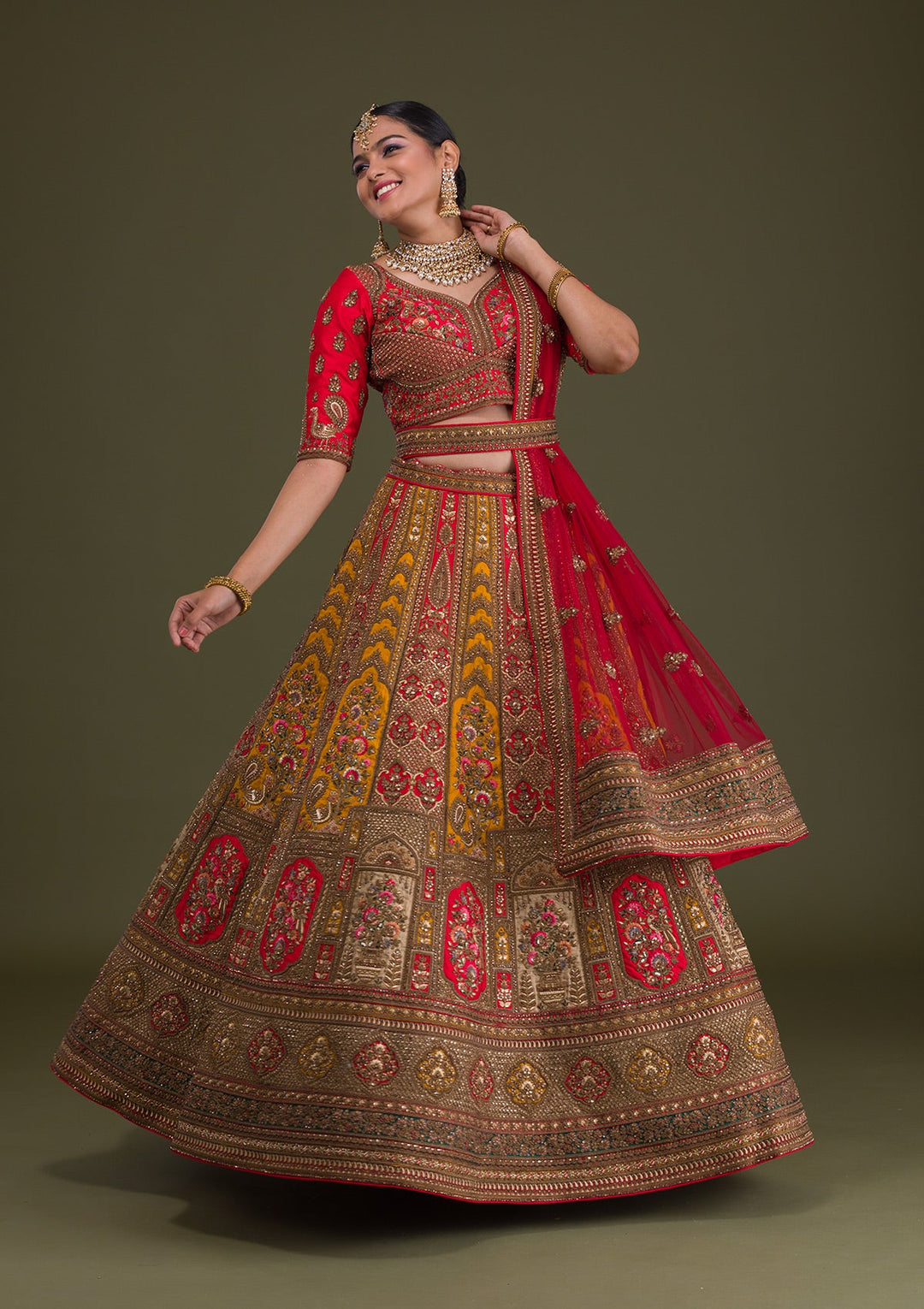Red Zariwork Raw Silk Semi-Stitched Lehenga-Koskii