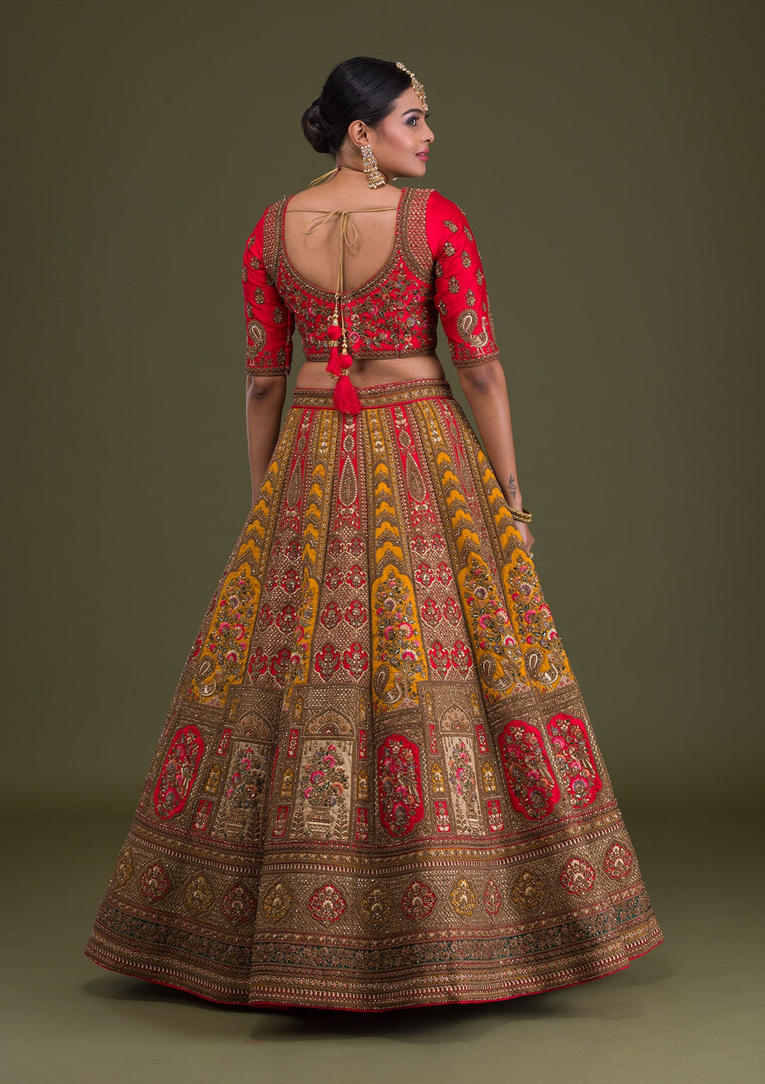 Red Zariwork Raw Silk Semi-Stitched Lehenga-Koskii