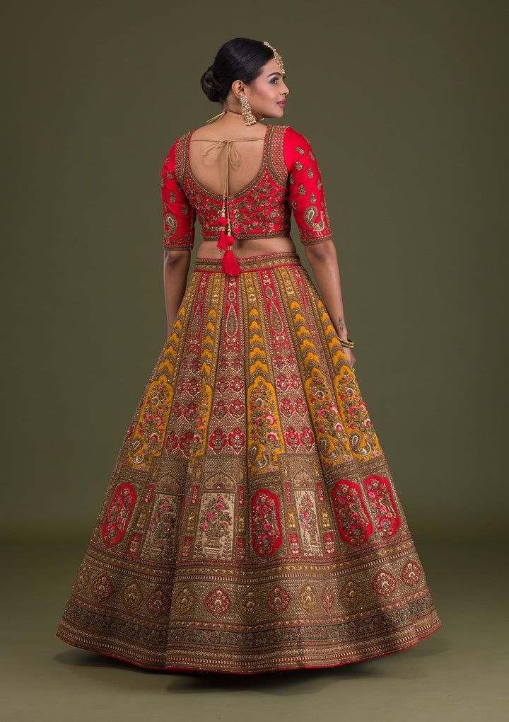 Red Zariwork Raw Silk Semi-Stitched Lehenga-Koskii