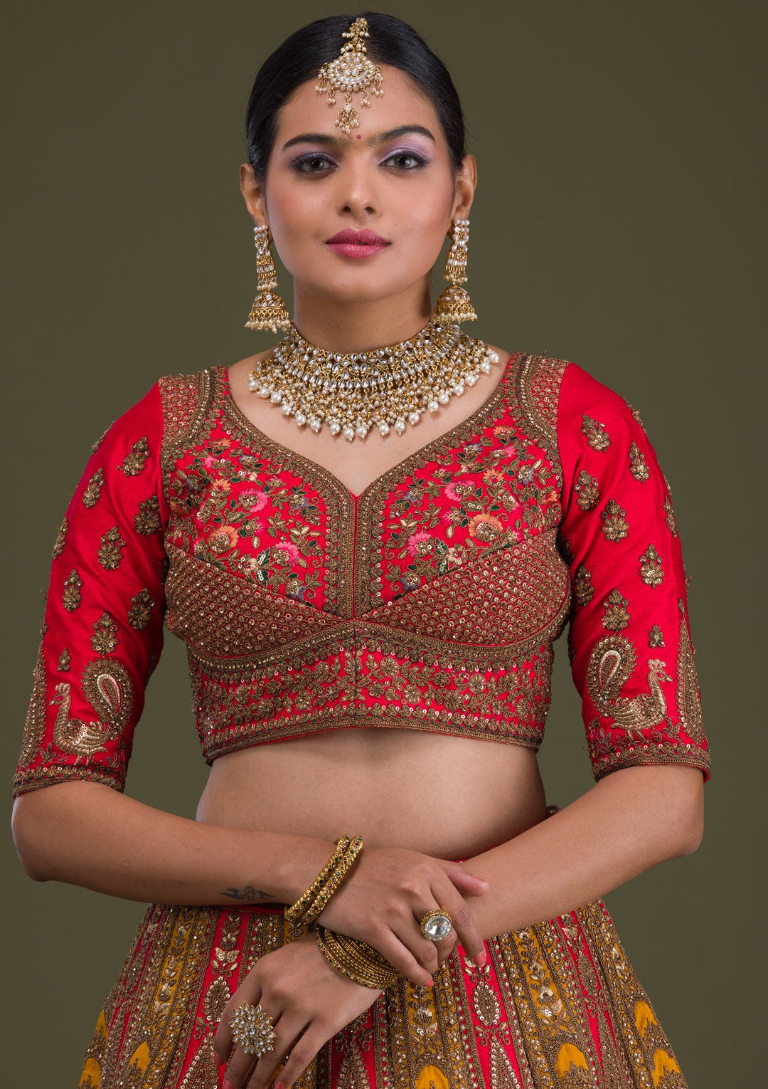 Red Zariwork Raw Silk Semi-Stitched Lehenga-Koskii