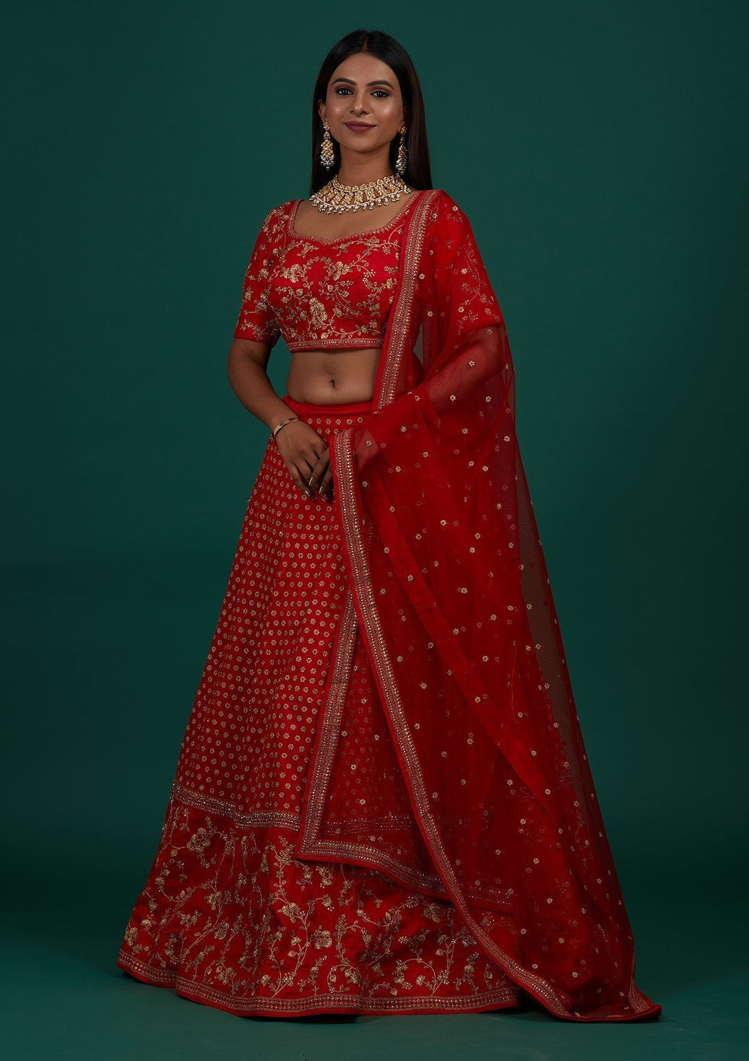Red Zariwork Raw Silk Designer Lehenga - Koskii