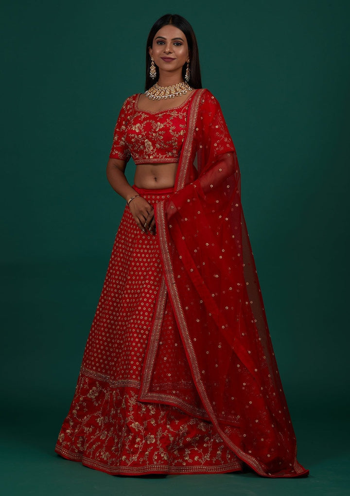 Red Zariwork Raw Silk Designer Lehenga - Koskii