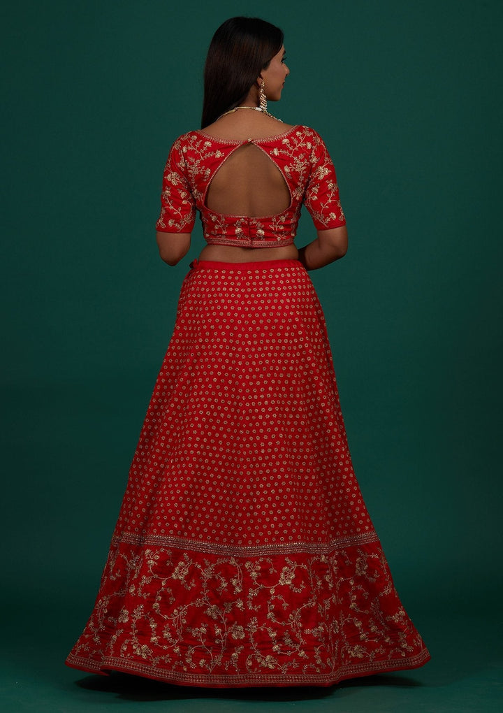 Red Zariwork Raw Silk Designer Lehenga - Koskii