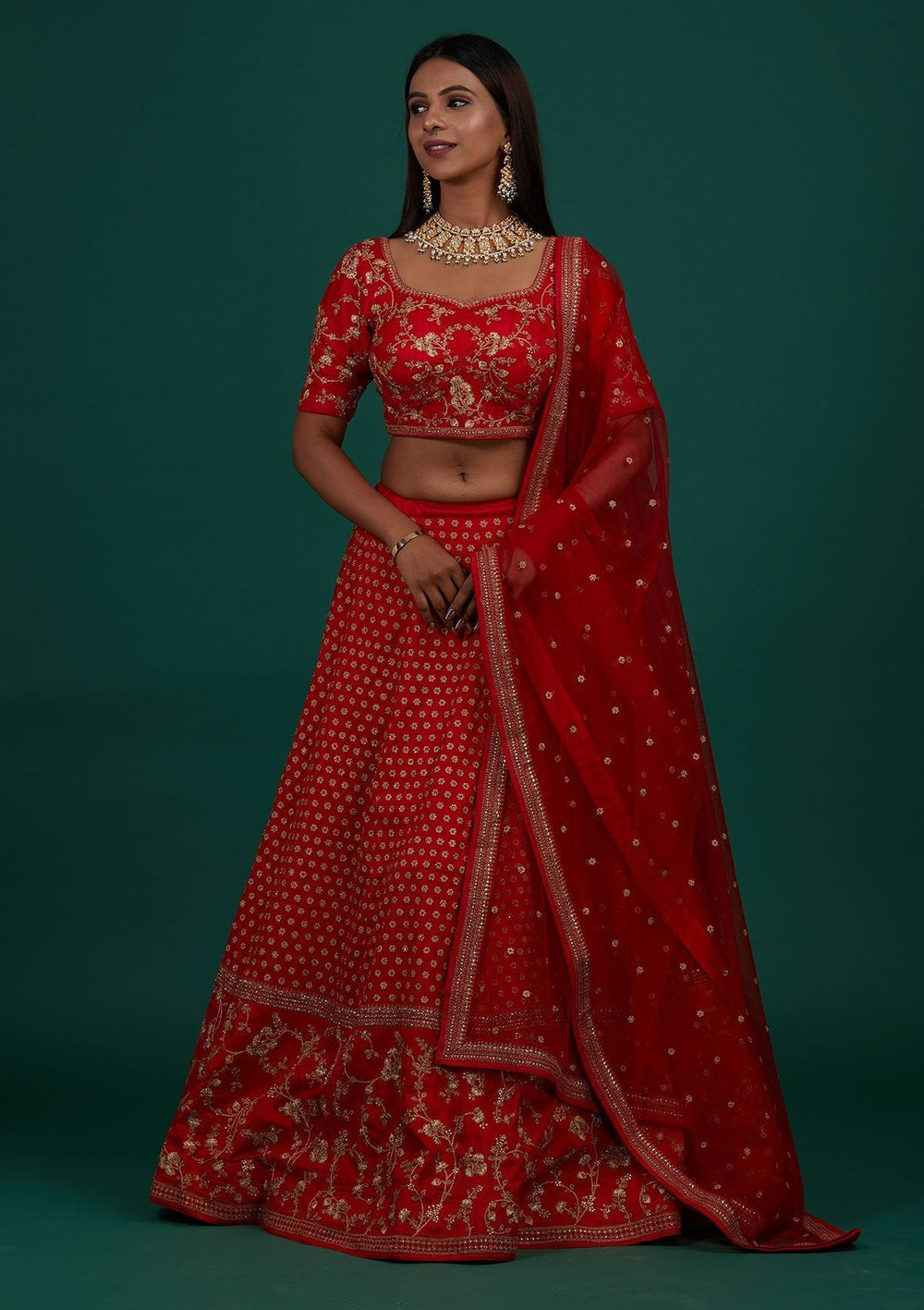 Red Zariwork Raw Silk Designer Lehenga - Koskii