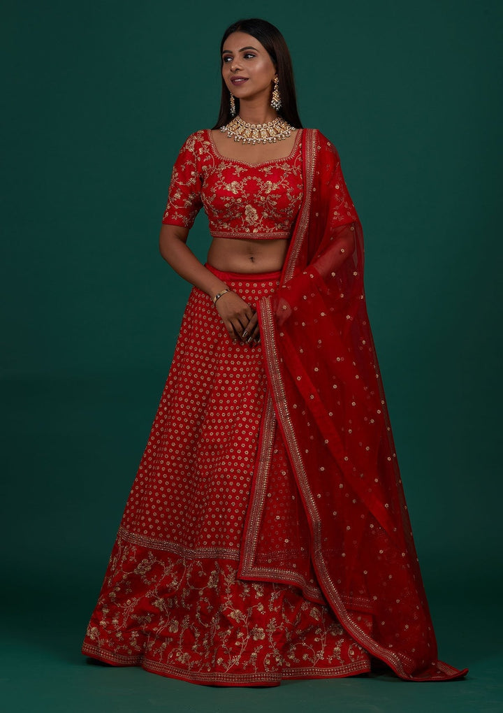 Red Zariwork Raw Silk Designer Lehenga - Koskii