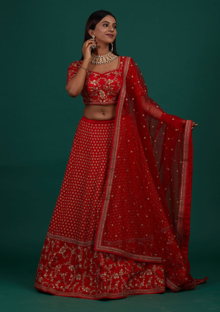 Red Zariwork Raw Silk Designer Lehenga - Koskii