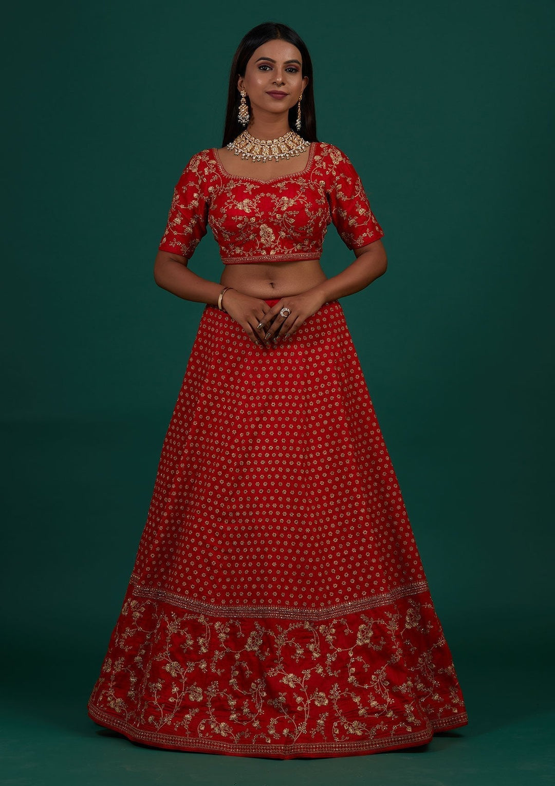 Red Zariwork Raw Silk Designer Lehenga - Koskii