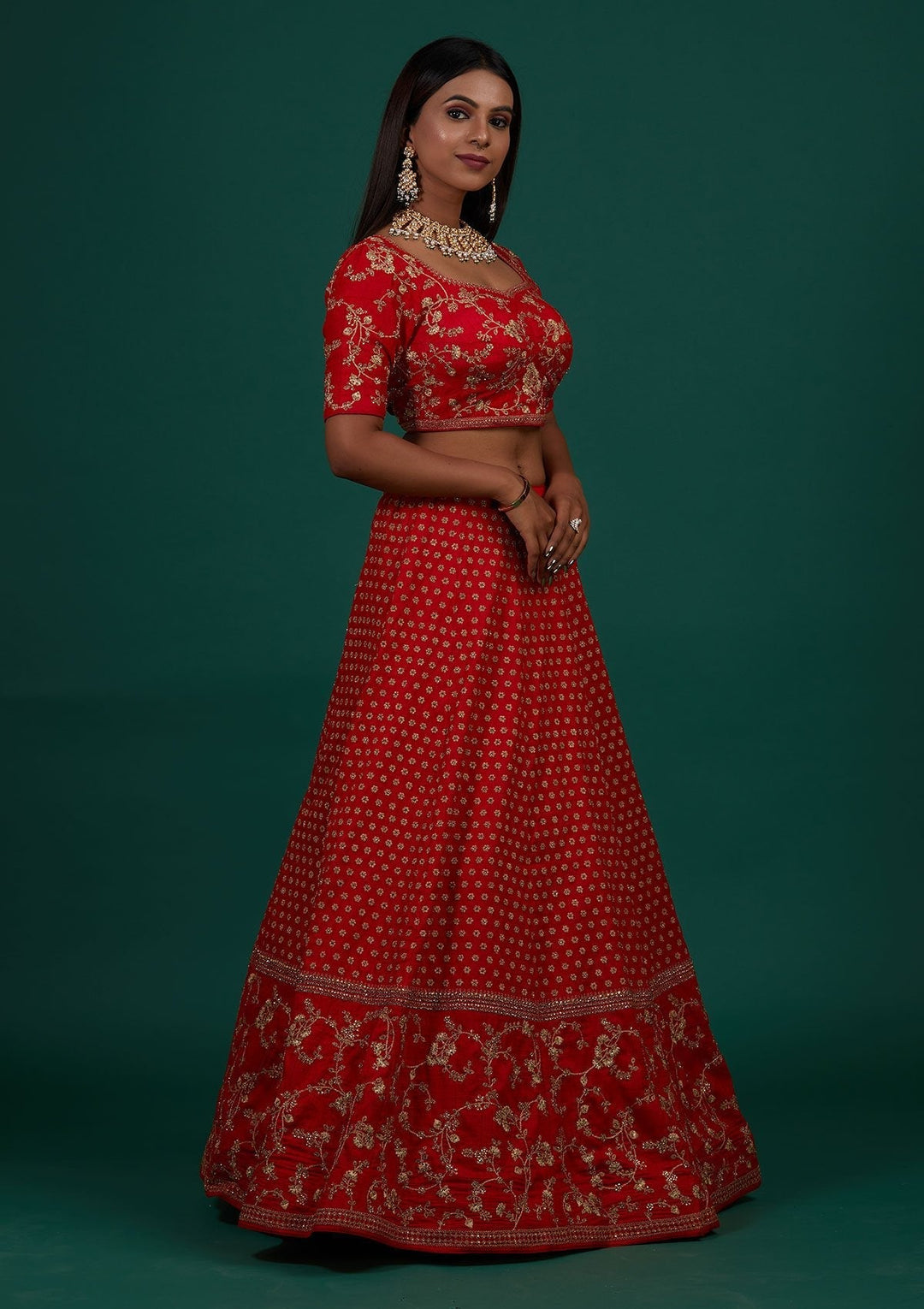 Red Zariwork Raw Silk Designer Lehenga - Koskii