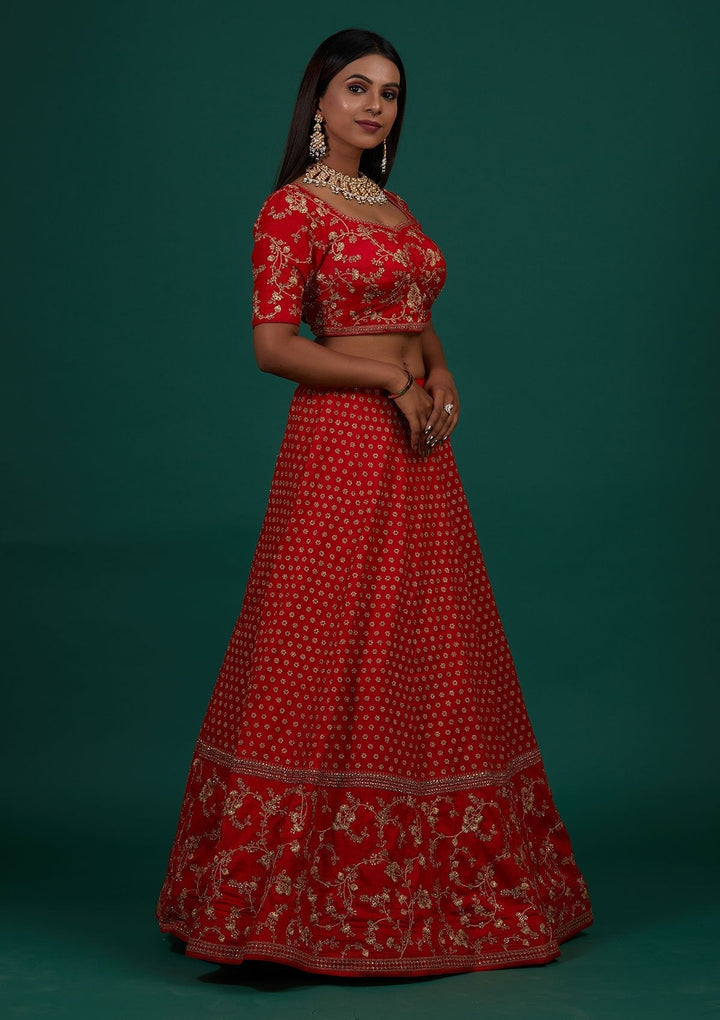 Red Zariwork Raw Silk Designer Lehenga - Koskii