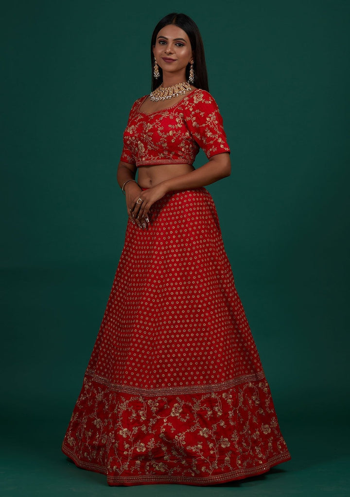 Red Zariwork Raw Silk Designer Lehenga - Koskii