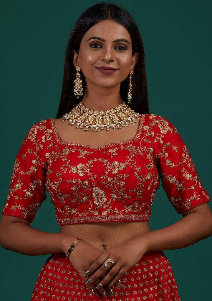 Red Zariwork Raw Silk Designer Lehenga - Koskii