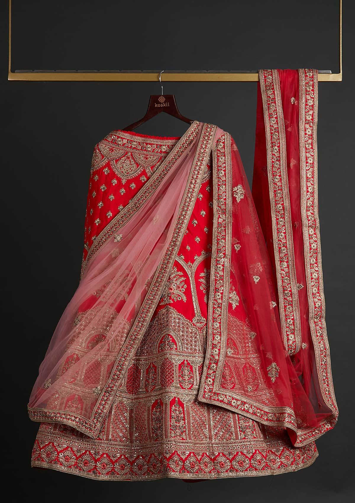 Red Zariwork Raw Silk Designer Semi-Stitched Lehenga - koskii