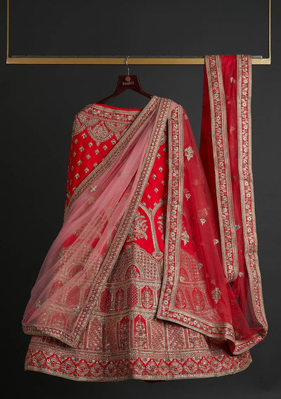 Red Zariwork Raw Silk Designer Semi-Stitched Lehenga - koskii