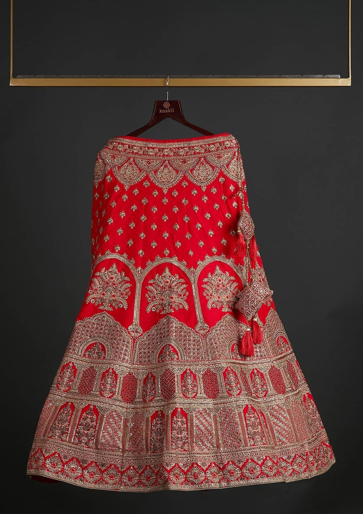 Red Zariwork Raw Silk Designer Semi-Stitched Lehenga - koskii