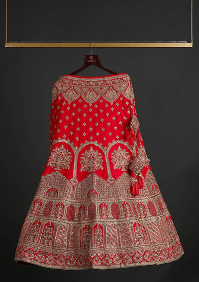 Red Zariwork Raw Silk Designer Semi-Stitched Lehenga - koskii