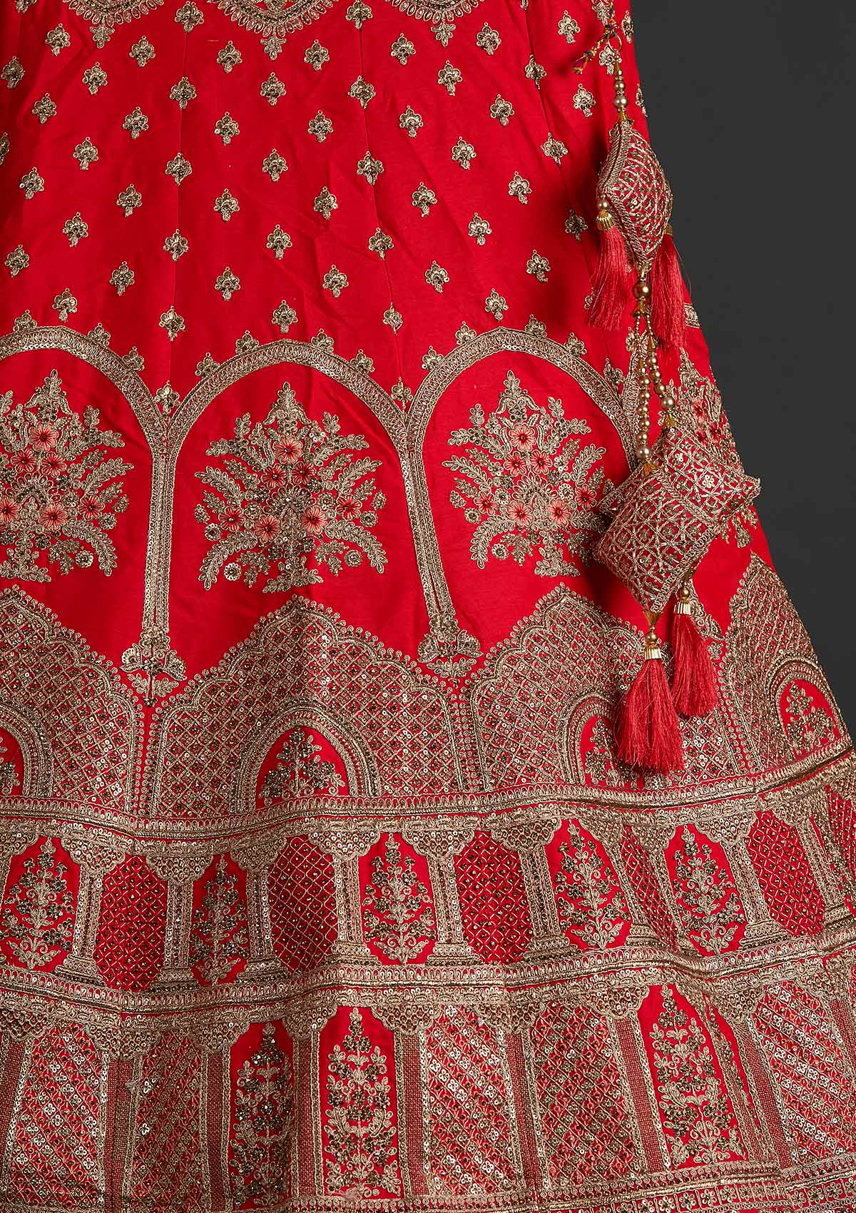 Red Zariwork Raw Silk Designer Semi-Stitched Lehenga - koskii