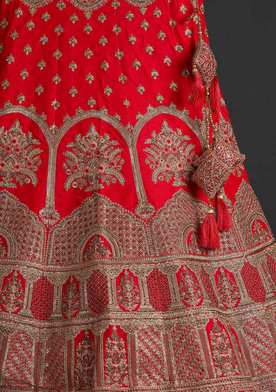 Red Zariwork Raw Silk Designer Semi-Stitched Lehenga - koskii