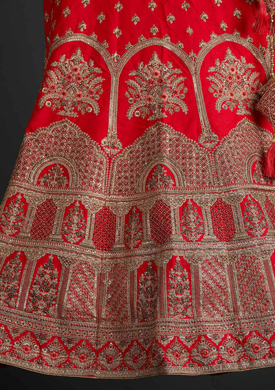 Red Zariwork Raw Silk Designer Semi-Stitched Lehenga - koskii