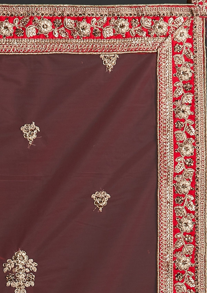 Red Zariwork Raw Silk Designer Semi-Stitched Lehenga - koskii