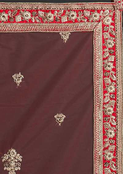 Red Zariwork Raw Silk Designer Semi-Stitched Lehenga - koskii