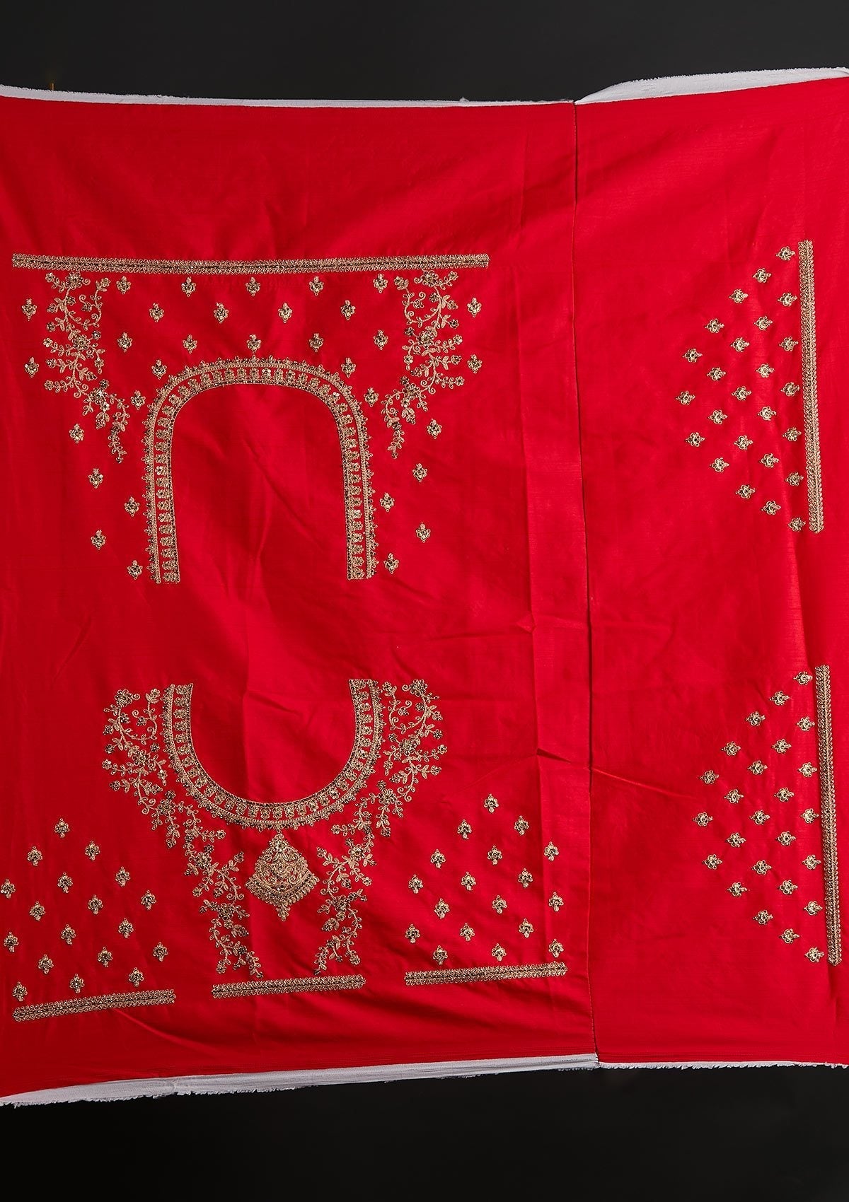 Red Zariwork Raw Silk Designer Semi-Stitched Lehenga - koskii