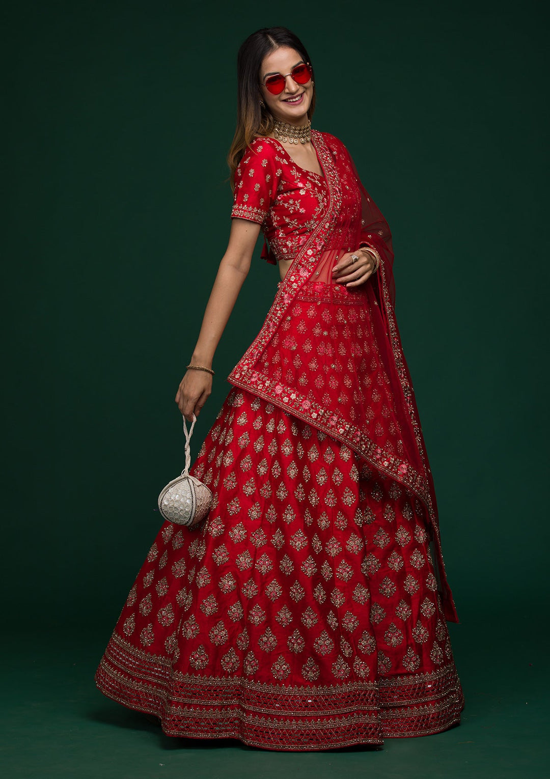 Red Zariwork Raw Silk Lehenga-koskii