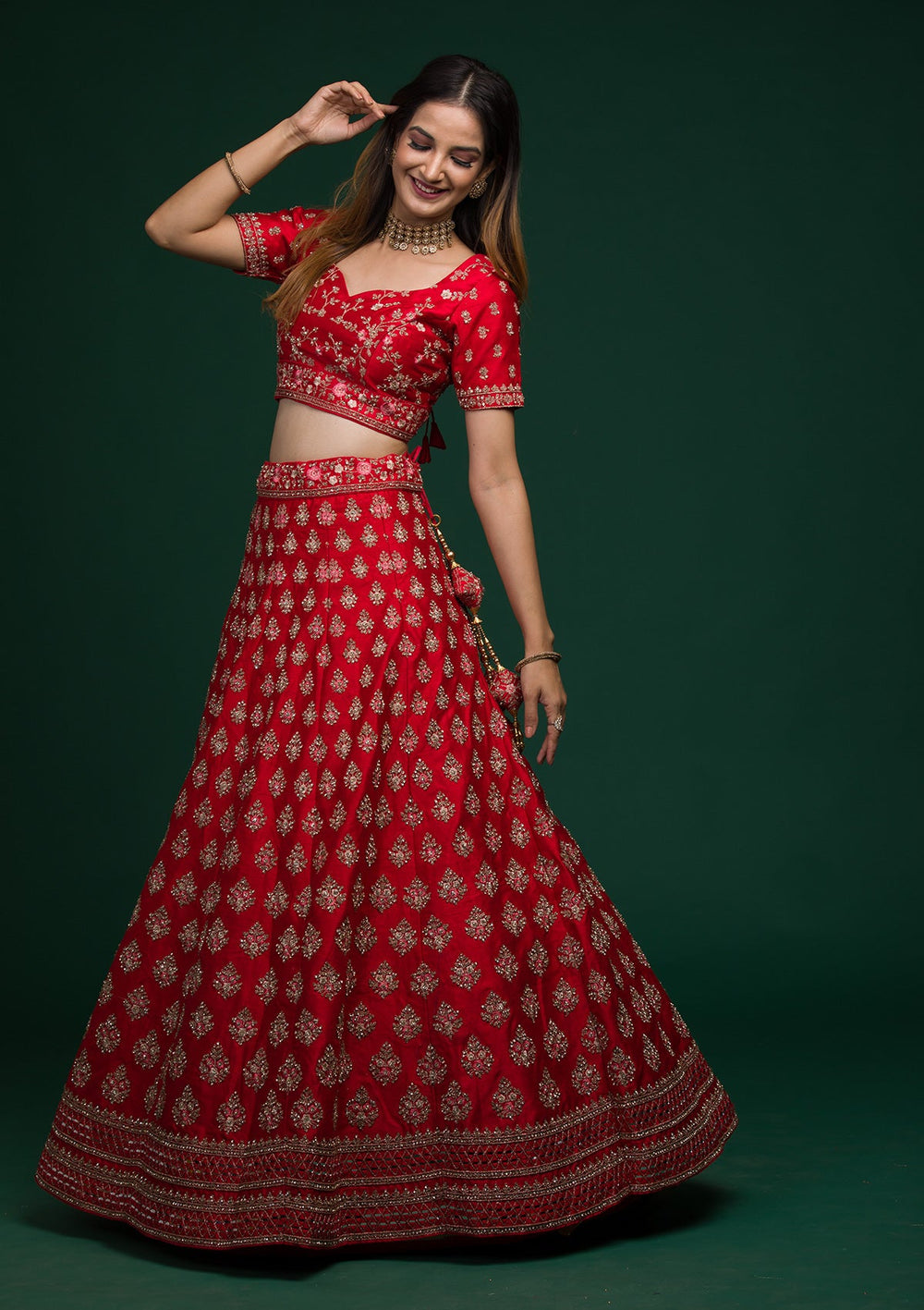 Red Zariwork Raw Silk Lehenga-koskii