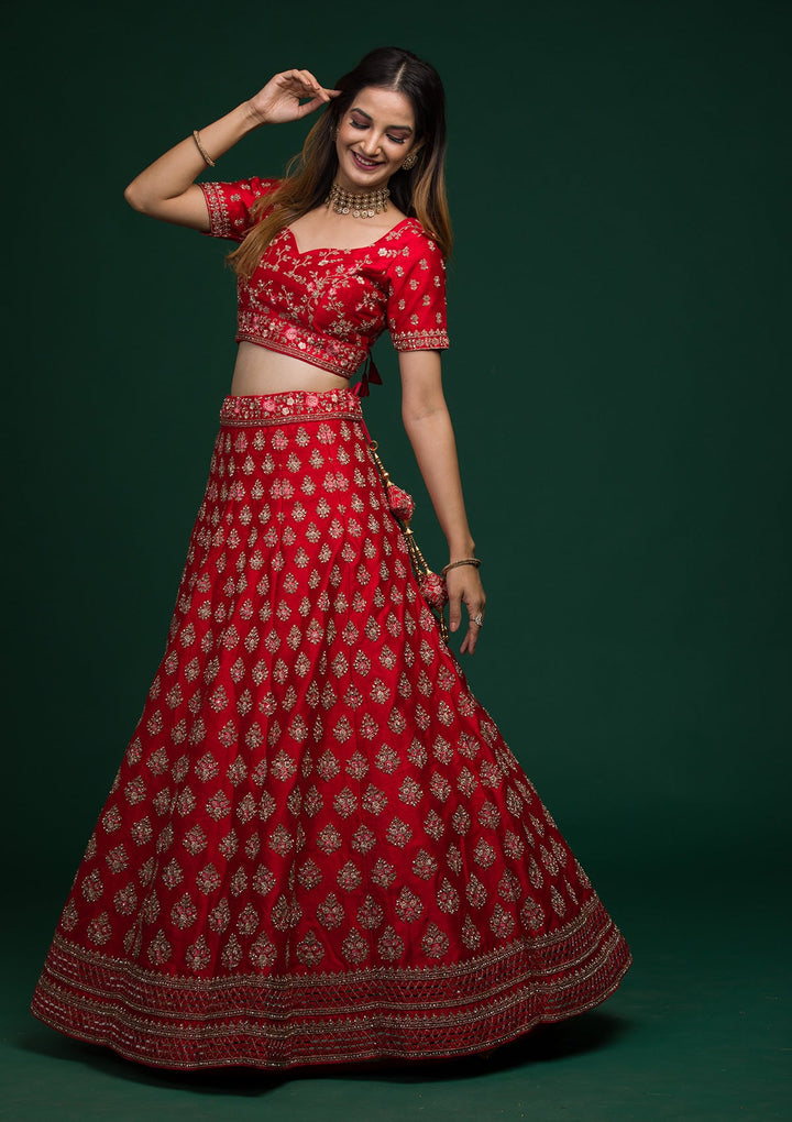 Red Zariwork Raw Silk Lehenga-koskii