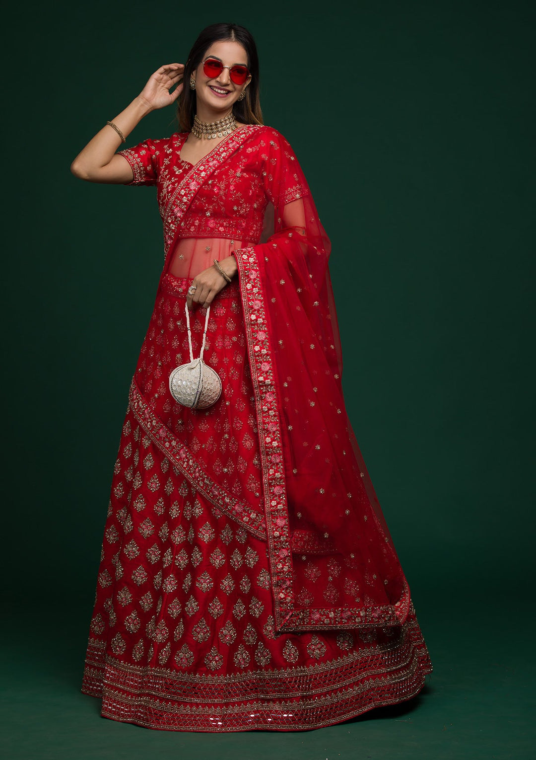 Red Zariwork Raw Silk Lehenga-koskii