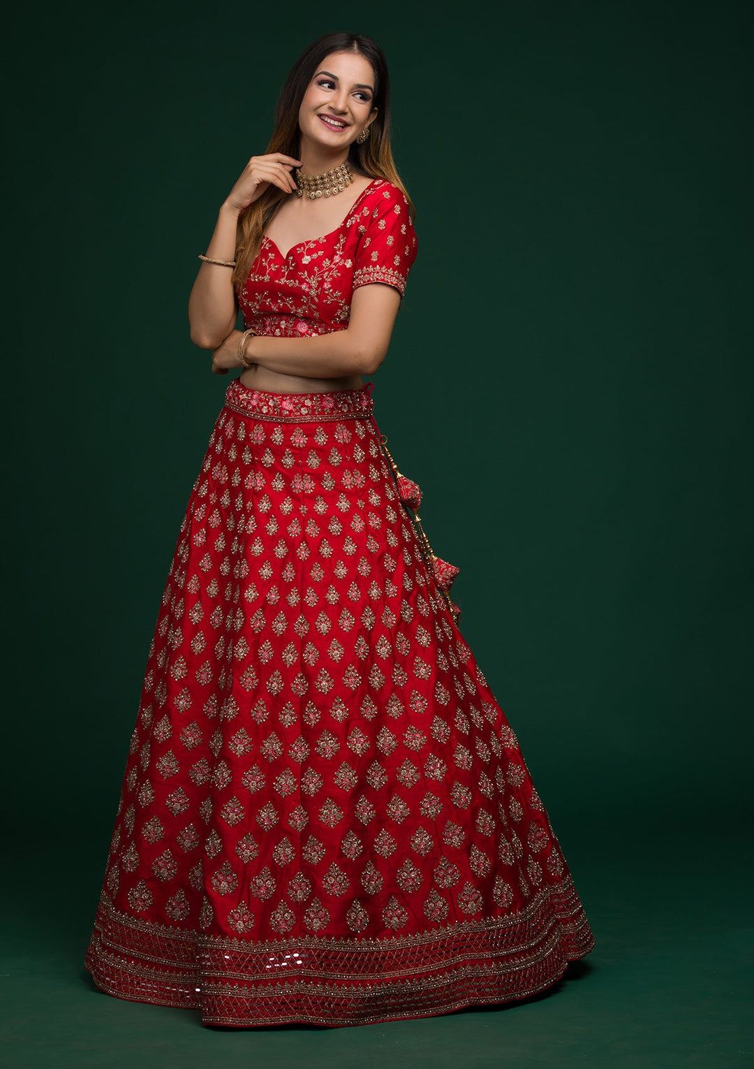 Red Zariwork Raw Silk Lehenga-koskii