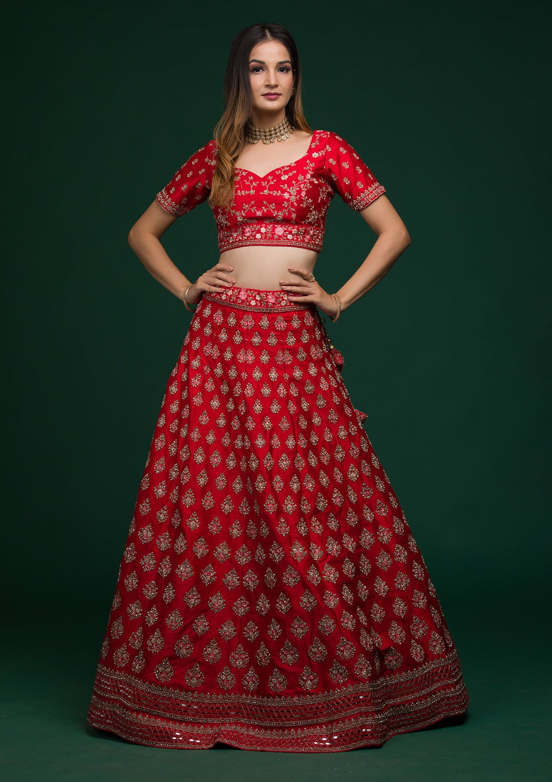 Red Zariwork Raw Silk Lehenga-koskii