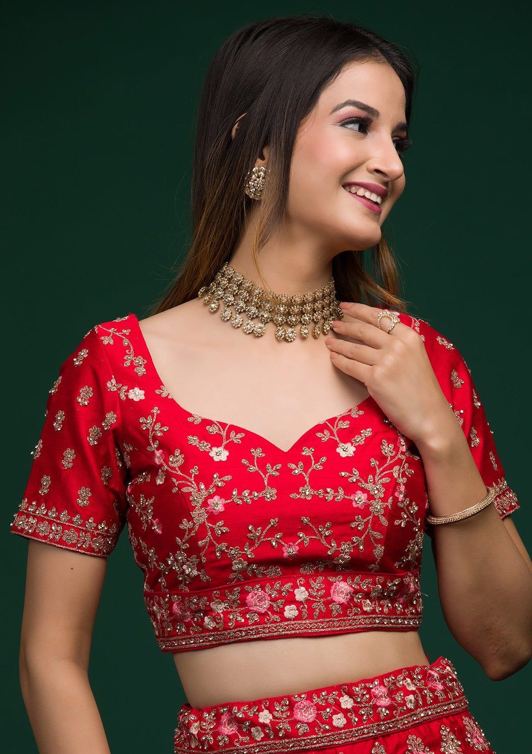 Red Zariwork Raw Silk Lehenga-koskii