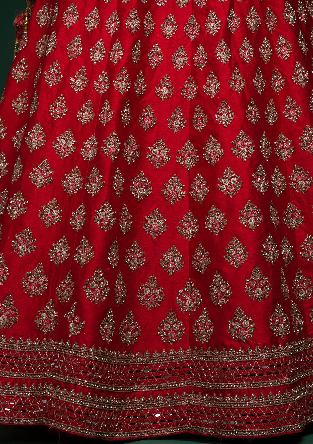 Red Zariwork Raw Silk Lehenga-koskii