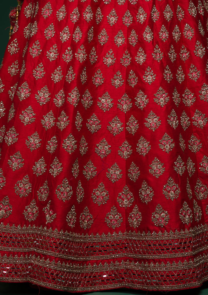 Red Zariwork Raw Silk Lehenga-koskii