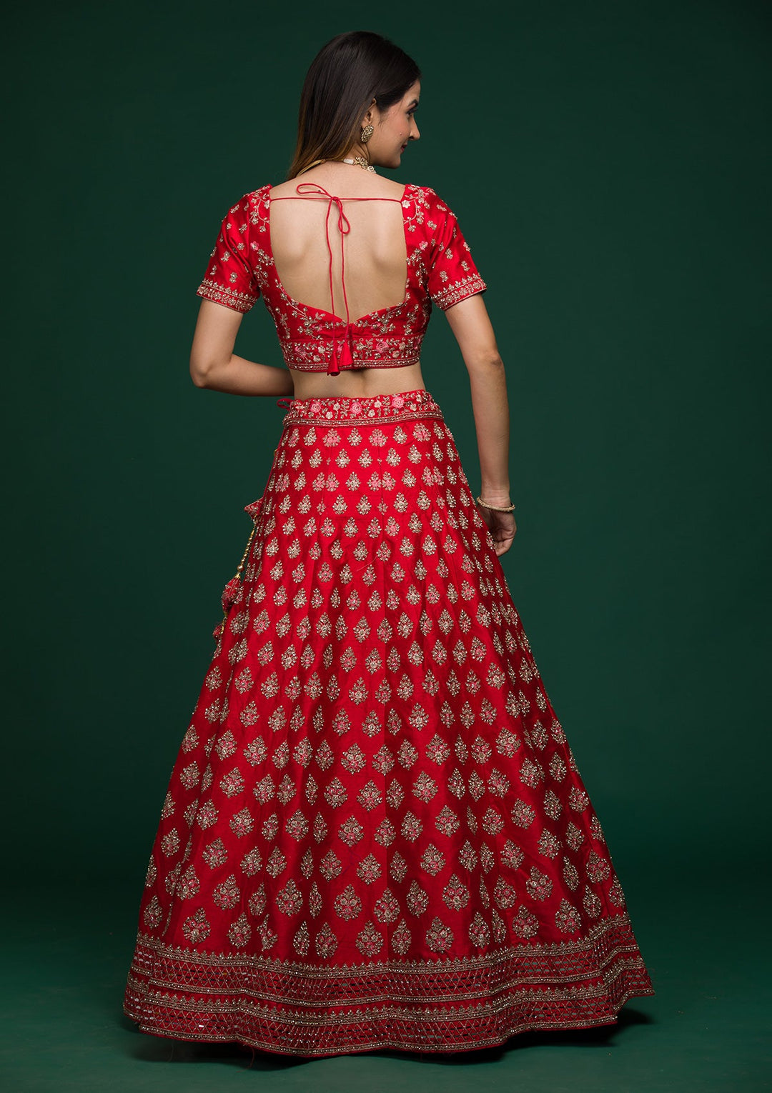 Red Zariwork Raw Silk Lehenga-koskii