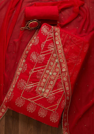 Red Zariwork Raw Silk Unstitched Salwar Suit-Koskii