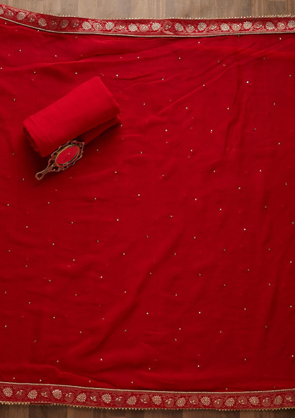 Red Zariwork Raw Silk Unstitched Salwar Suit-Koskii